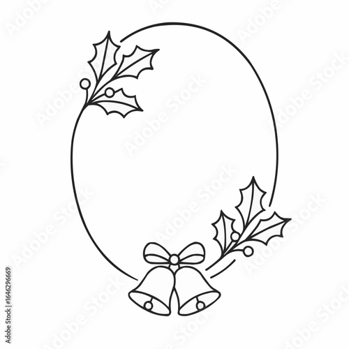 Christmas bells and holly leaves in simple line art style  