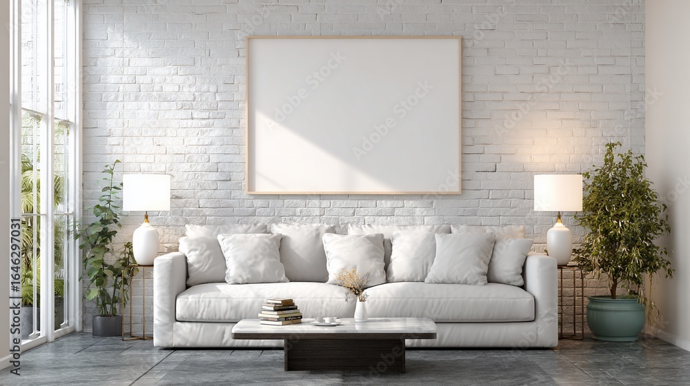 Fototapeta premium Bright living room with white brick wall, sofa, blank frame, side tables, plants, and window