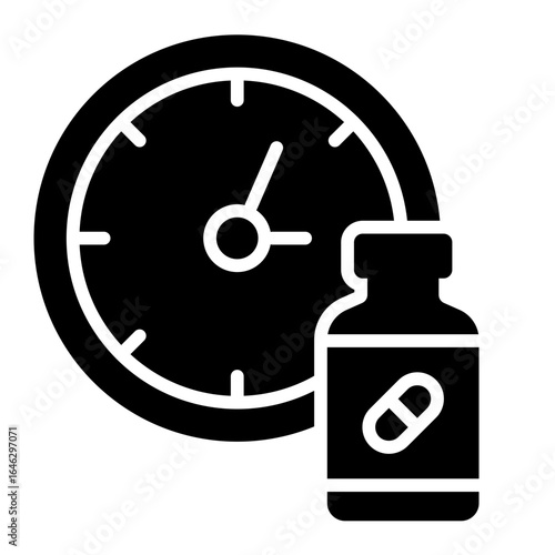 medicine time glyph icon showing clock with medicine bottle representing dosage timing