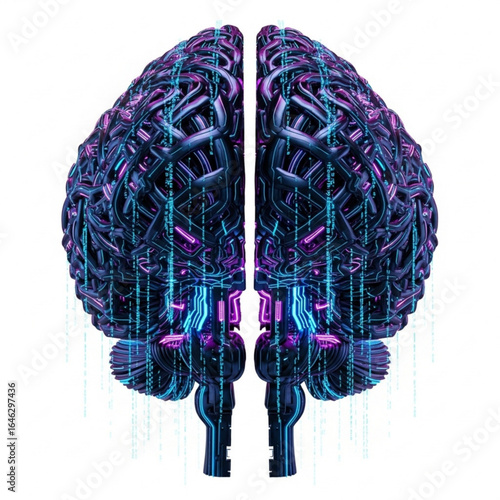 Digital representation of human cerebrum with neon illumination and binary code cascading downward