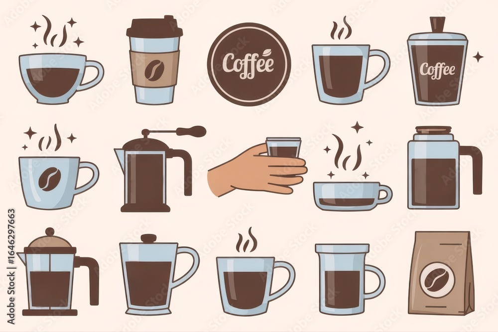 Obraz premium Delicious coffee collection with cups, brewing devices, and beans perfect for cafe menus or branding