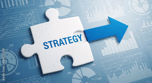 Strategy puzzle piece connects to arrow over financial charts and graphs
