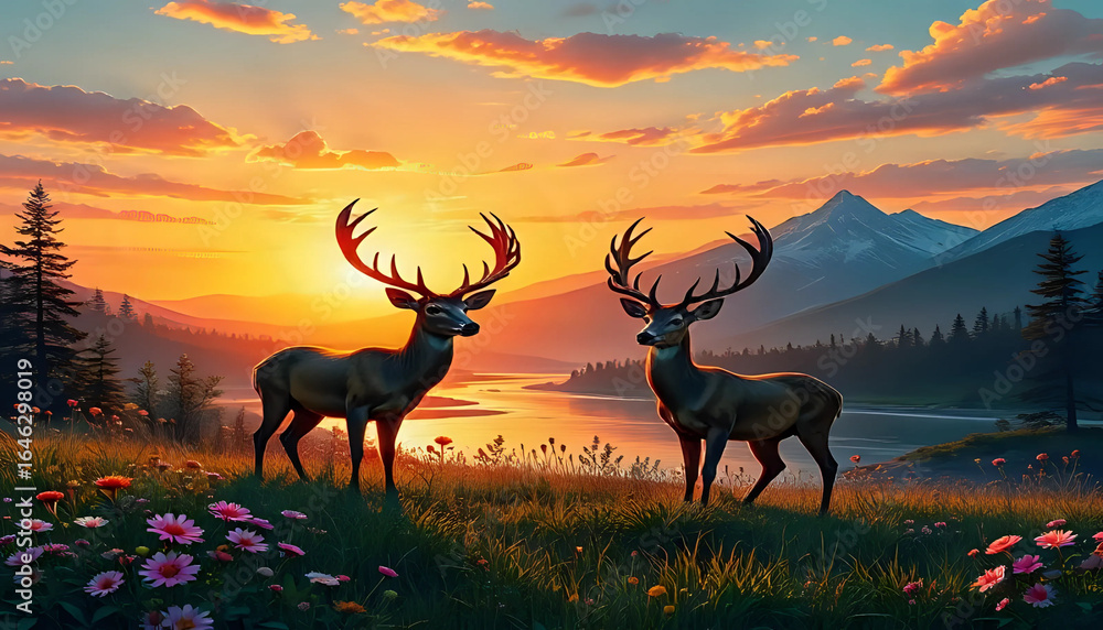 Naklejka premium Deer at sunset