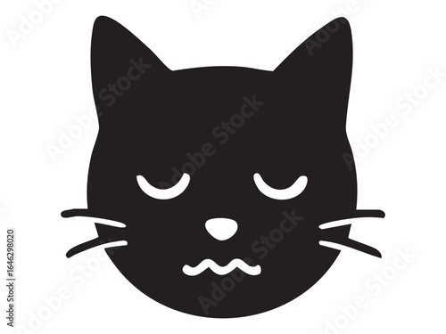 Black silhouette of sad disappointed cat face isolated on white background. Concept of upset pet, dissatisfied feline expression, sad kitty, animal icon, cartoon character
