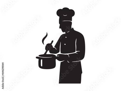Black silhouette of chef cooking with pot, isolated on white background. concept of culinary, cooking, professional chef, gastronomy, kitchen, food art, design element