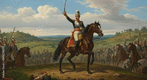 Pintura a óleo estilo clássico retratando o Grito do Ipiranga com riqueza de detalhes, cores vibrantes e atmosfera heróica