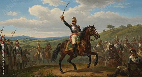 Pintura a óleo estilo clássico retratando o Grito do Ipiranga com riqueza de detalhes, cores vibrantes e atmosfera heróica