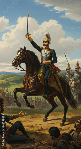 Pintura a óleo estilo clássico retratando o Grito do Ipiranga com riqueza de detalhes, cores vibrantes e atmosfera heróica