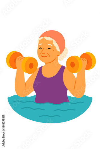 Elderly woman exercising with weights in swimming pool water senior woman in water aerobics