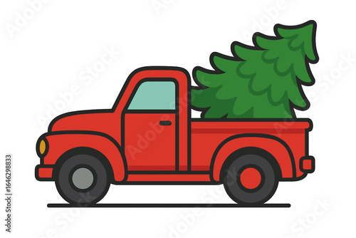 Red pickup truck carrying a Christmas tree in the back red truck with christmas tree