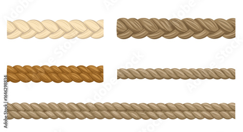 Five rows of varied color and style rope on transparent background