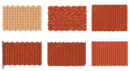 Six knitted fabric swatches in various colors and textures on transparent background