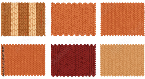 Six swatches of knitted fabric in various colors and textures on transparent background