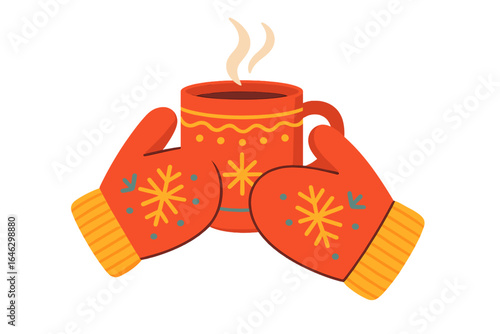 Warm mittens holding steaming mug of hot beverage with snowflake design mittens holding mug