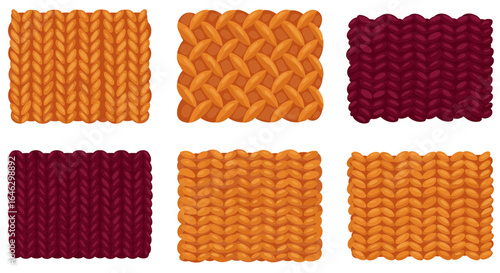 Six rectangular knitted swatches in orange and burgundy on transparent background