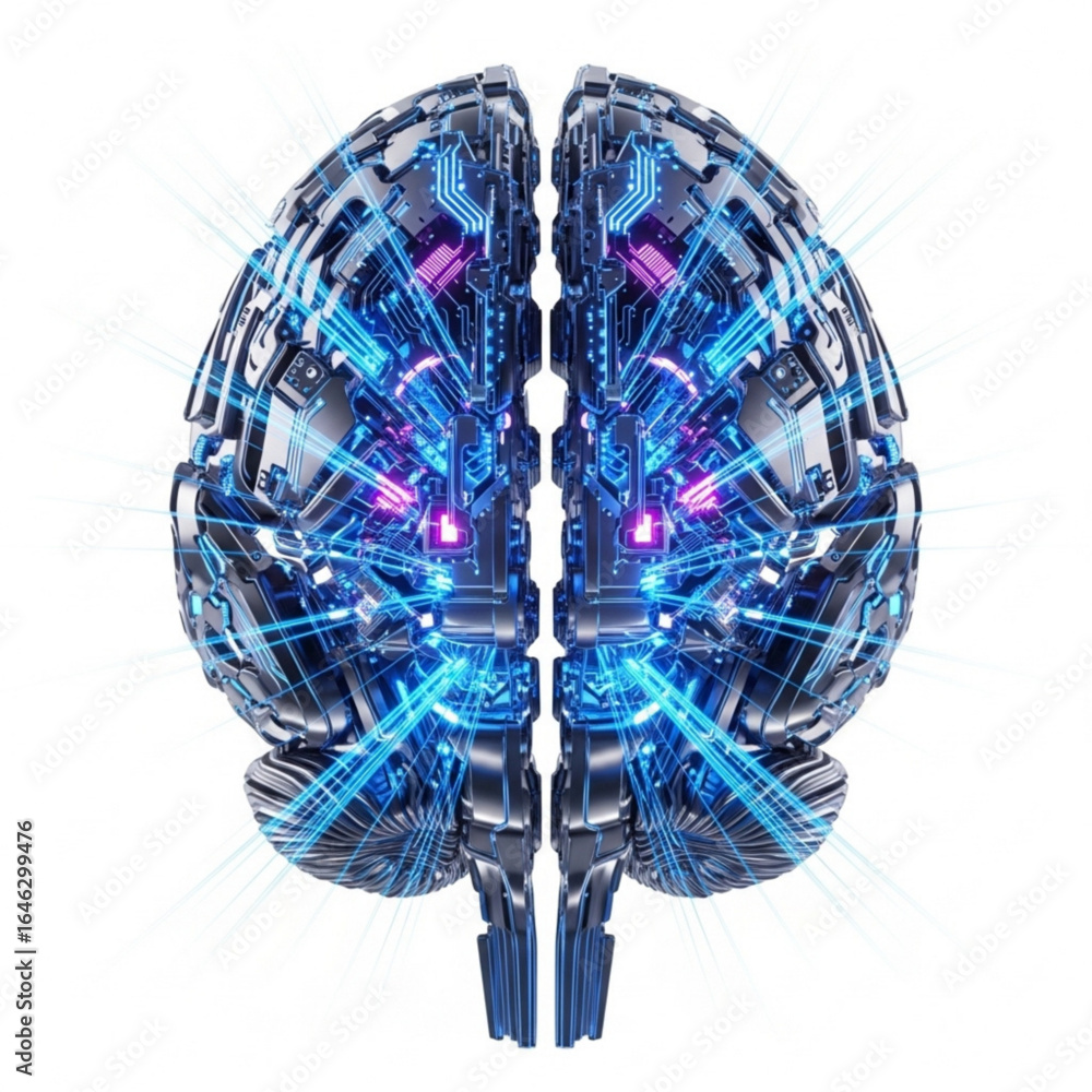 Fototapeta premium Illustration of robotic brain with circuit details and glowing lines on plain white background view from front