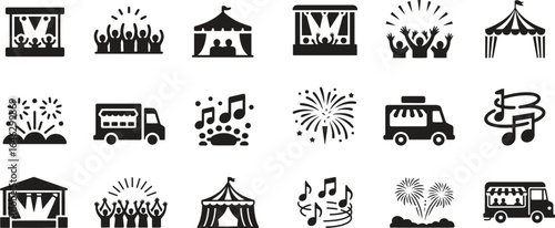 Festival and Concert Icons Set – Stages, Fireworks, Music, and Crowd Vector