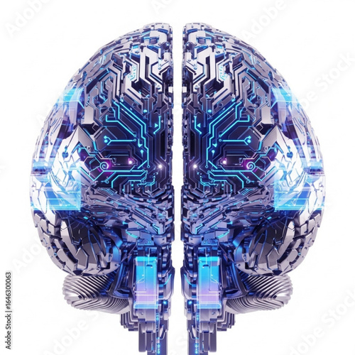 Detailed metallic cerebral organ with intricate circuit patterns and glowing blue light effects design concept