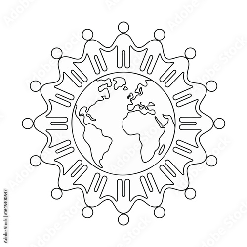 Global unity concept featuring people holding hands around the earth, symbolizing connection, community, cooperation, and worldwide harmony in vector style