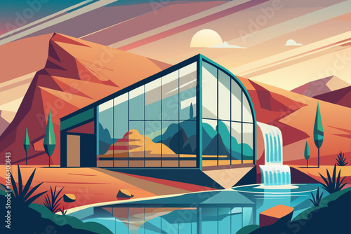 Flat Realistic Vector of a Glass Barn by a Waterfall
