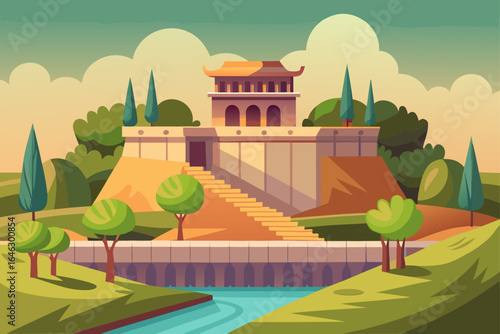 Flat Realistic Vector of an Ancient Small Dam in an Orchard