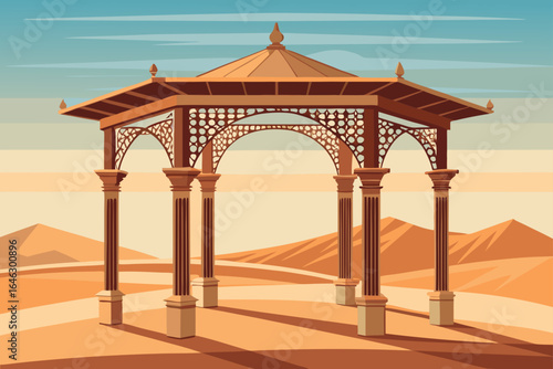 Flat Realistic Vector of an Ornate Wooden Pergola