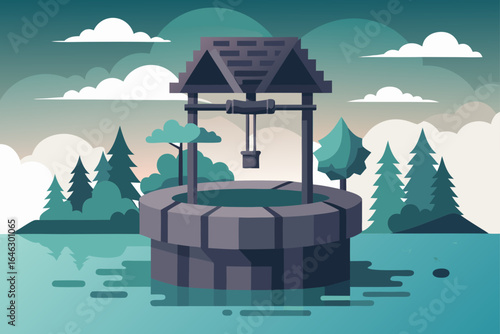 Gradient Flat Vector of a Monochrome Water Well on a Plain
