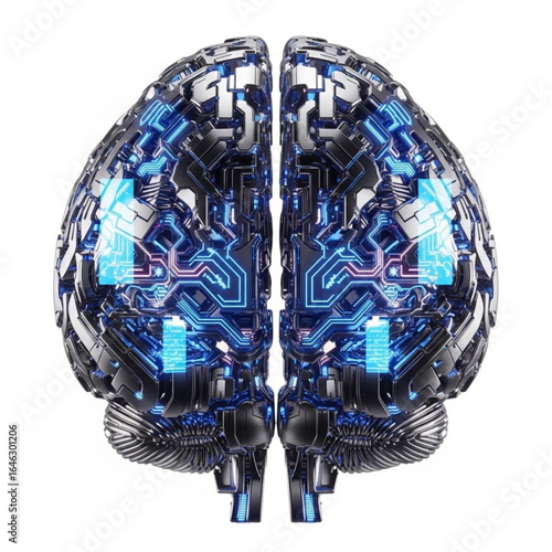 Robotic cerebral organ with intricate circuit patterns and metallic textures on plain white surface view