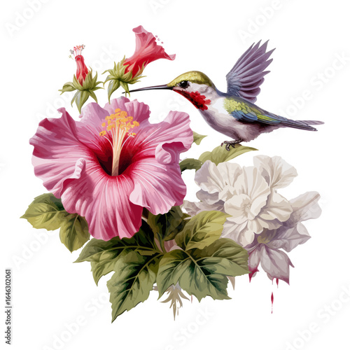 hummingbird and hibiscus flowers