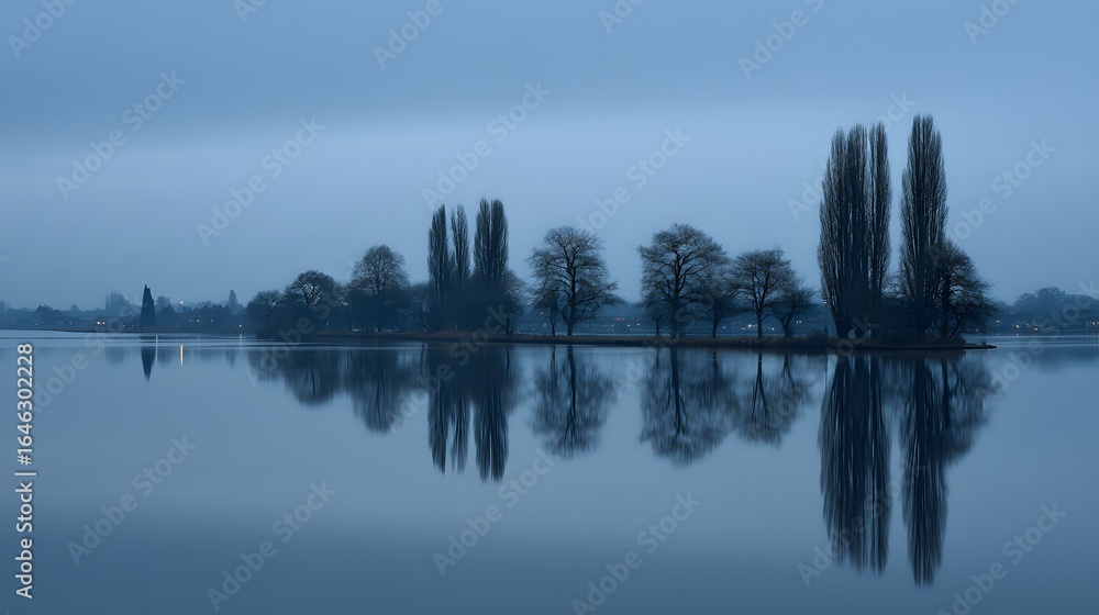 Obraz premium Tranquil lake at dawn with mirrored reflections of trees.