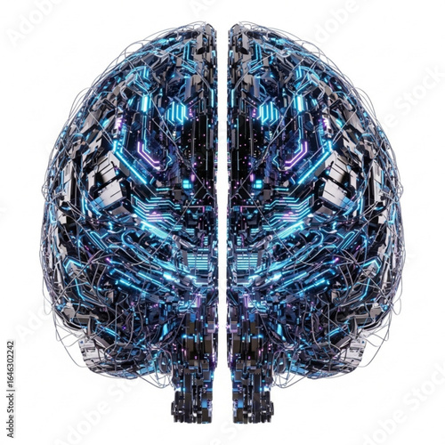 Complex mechanical representation of human intellect with intricate wiring and glowing components design