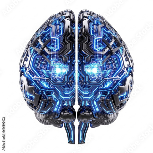 Digital representation of human intellect with glowing circuits and metallic exterior rendering in detail
