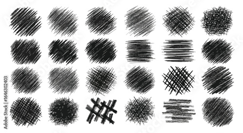 A versatile collection of hand-drawn black scribble textures and abstract grunge strokes, ideal for adding artistic flair and distressed effects to graphic designs.