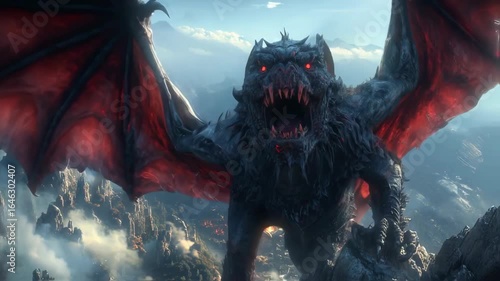 Wallpaper Mural A fearsome dragon with crimson wings descends upon a burning village nestled in a mountainous landscape Torontodigital.ca