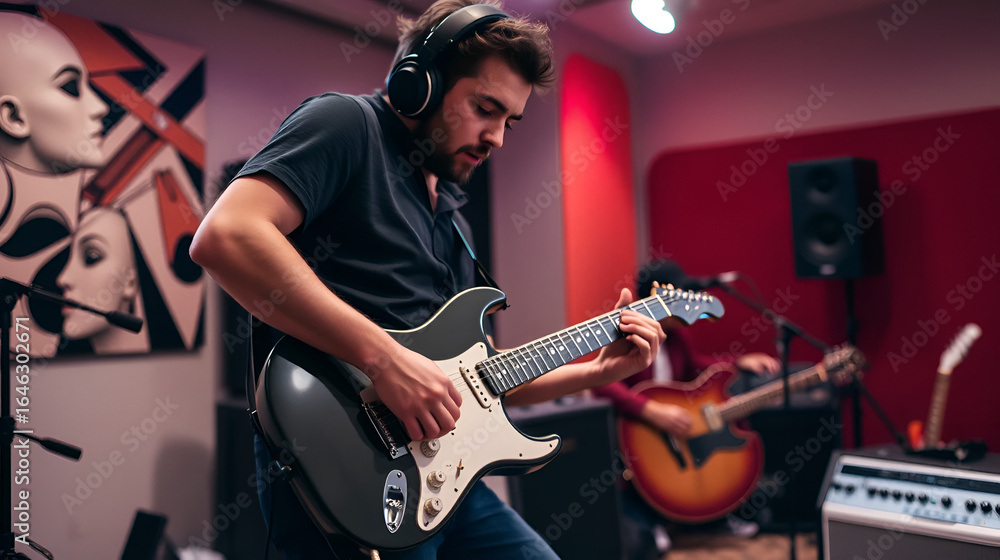 Obraz premium Musician Playing Electric Guitar in Music Studio Atmosphere