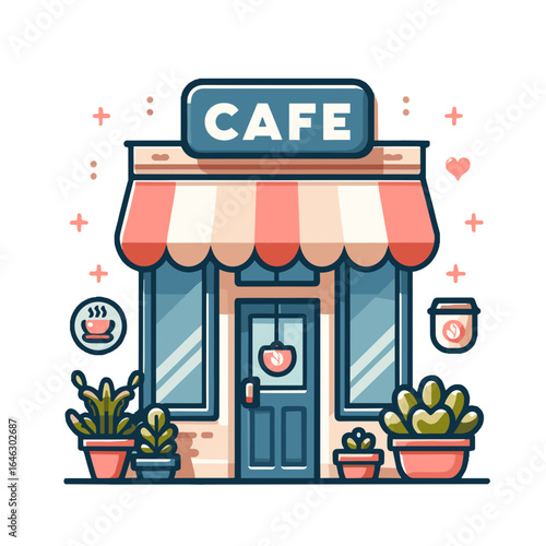 Colorful cafe storefront with plants and awning in urban setting isolated on white background