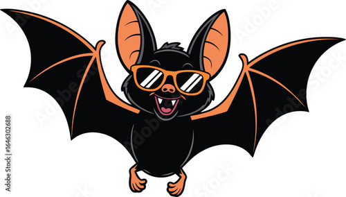 Black bat wearing orange sunglasses with wings spread vector
