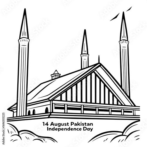 "Monochrome pen-style illustration of Islamabad’s Faisal Mosque. Central triangular roof flanked by four minarets, symmetrical, no shading. Slight above-eye-level perspective. Text under the mosque: '