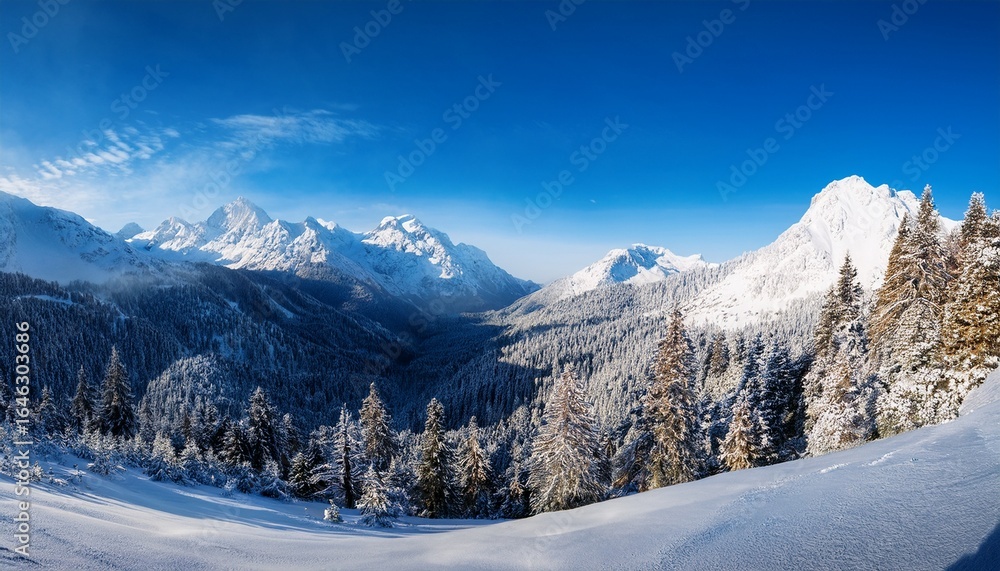 Fototapeta premium a stunning winter mountain landscape dominated by a series of majestic mountains their peaks covered in white snow the slopes of the mountains are covered with dense forests also dusted with snow