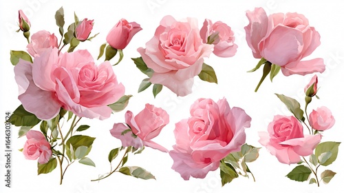 Set of Pink Rose Bouquets Vector Illustration