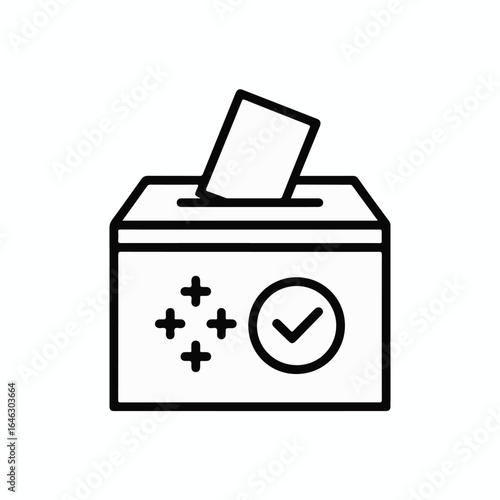 Bold outline icon of a ballot box with a checkmark and plus symbols, symbolizing voting and decision-making for elections or surveys