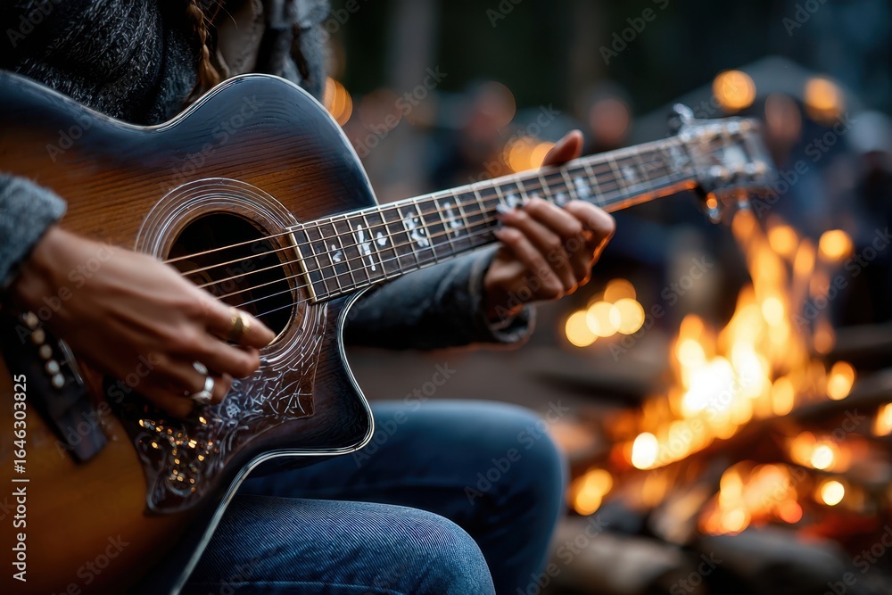 Fototapeta premium Playing guitar by the campfire with friends under the evening sky