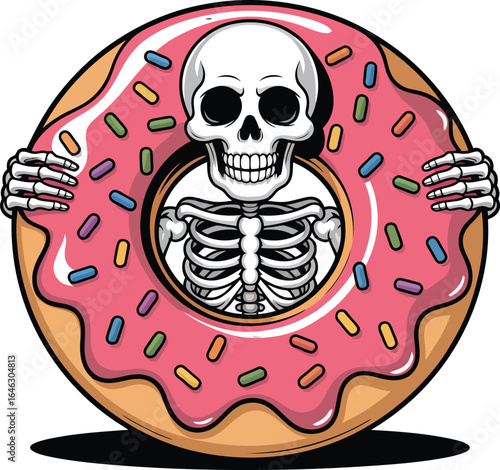 Skeleton Holding Pink Sprinkled Donut sprinkles bones