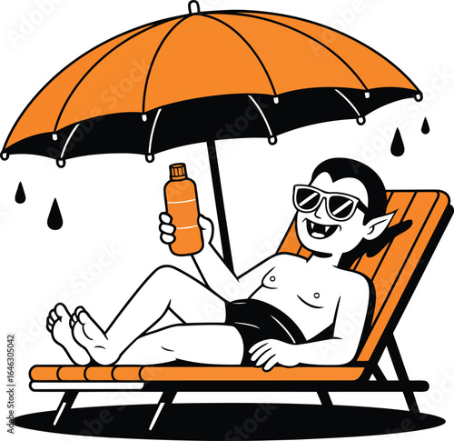 Vampire relaxing under orange umbrella with sunscreen vector