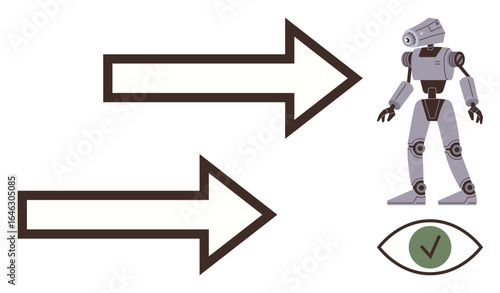 Robot next to bold arrows and a green check-marked eye symbolizing artificial intelligence, direction, and visual recognition. Ideal for technology, automation, innovation, vision, choice, robotics