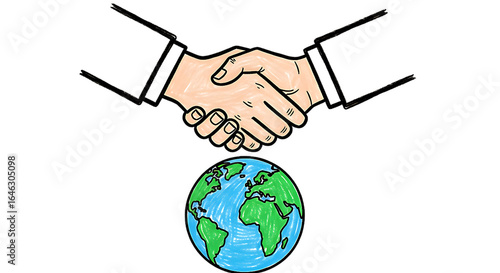 Wallpaper Mural Global Partnership: Handshake over Earth;  Sketch Style Illustration, Positive Collaboration Concept. Torontodigital.ca