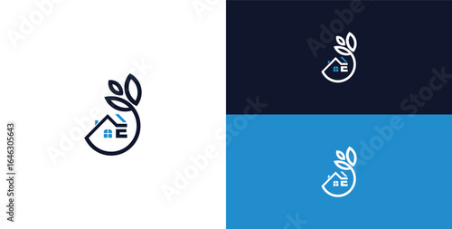 Greenhouse logo letter E, home care, simple linear house logo concept with leaves