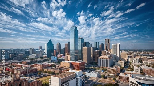 Dallas Texas Cityscape Skyline with Modern Skyscrapers Against a Vivid Blue Sky and Wispy Clouds