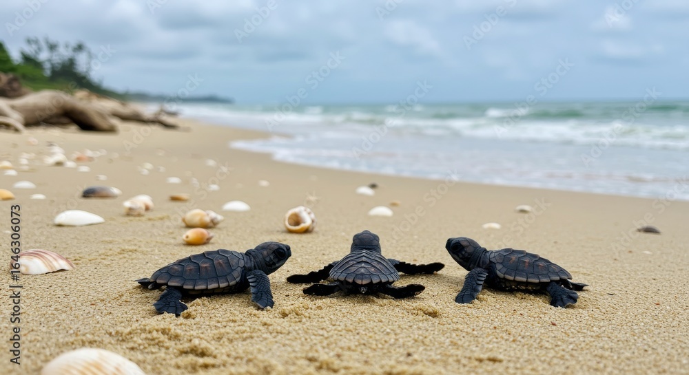 Obraz premium Three Baby Turtles on Sandy Beach, Ocean Waves in Background, Shells Scattered