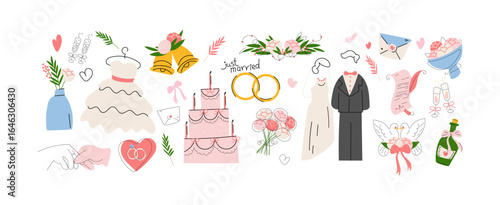 Cartoon wedding sticker set. Bridal gowns, wedding cakes, engagement rings, bouquets, champagne, romantic doves, and invitation cards. Trendy 90s retro doodle style for marriage celebrations and roman
